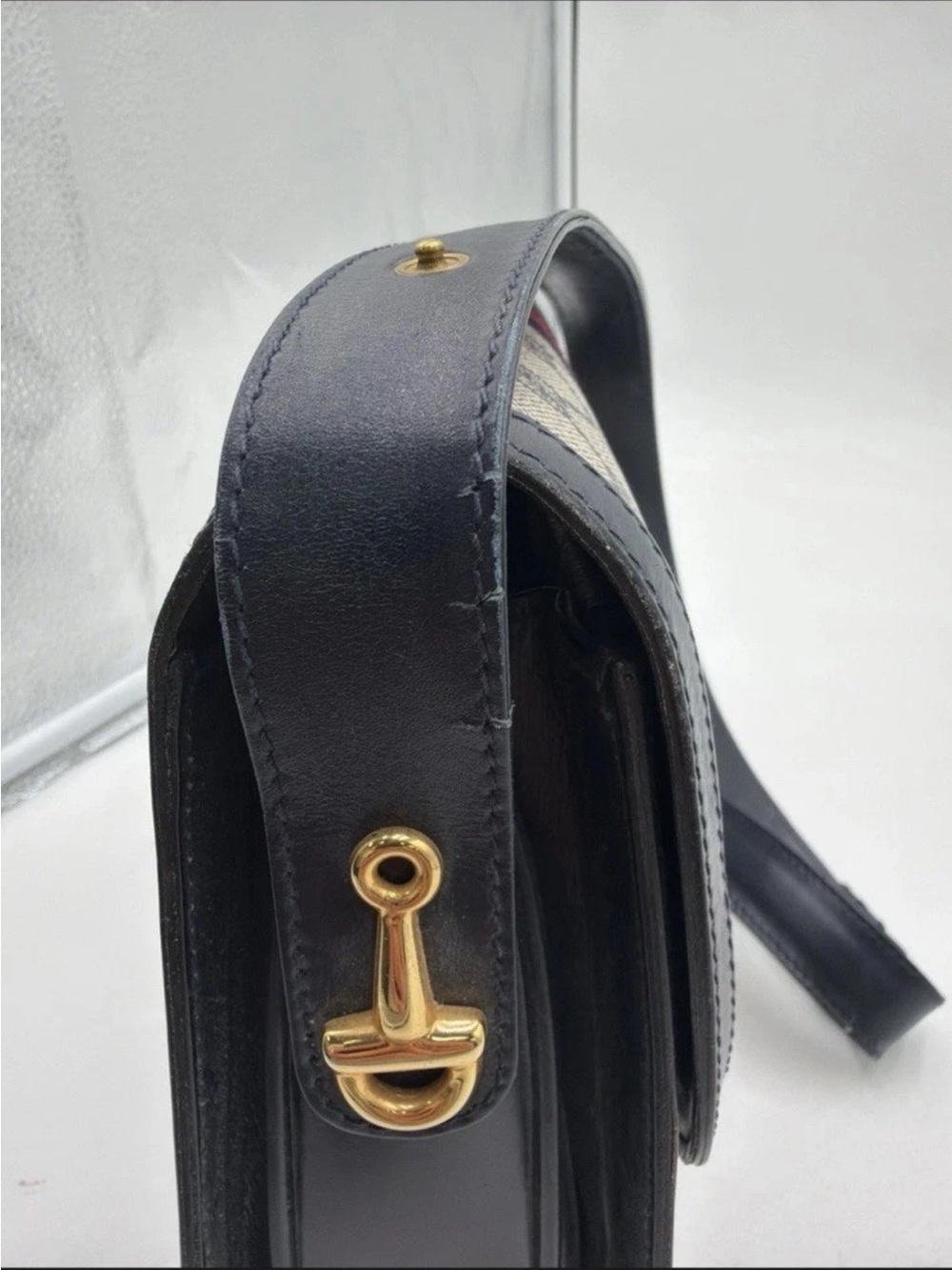 Vintage 80s Gucci GG Monogram Navy Crossbody Bag Web Stripe Gold Key Clasp - Picture 11 of 13